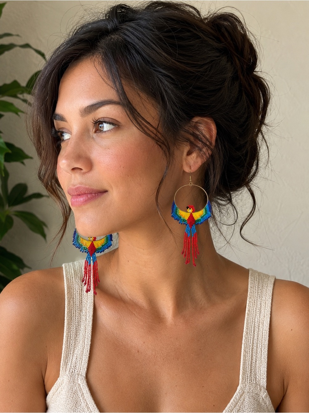 Tropical Macaw Parrot Seed Beaded Hoop Fringe Earrings